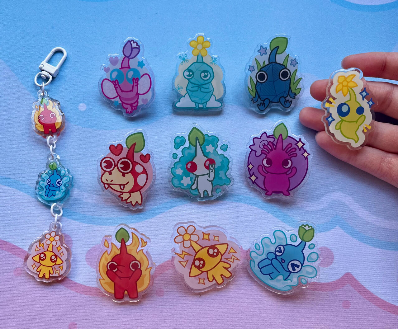 pikmin pins & connection keychain (fanart acrylic pins / keychain)